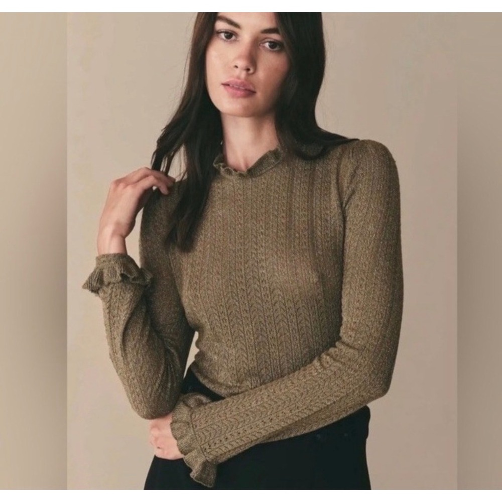Sezane Parisian Dita Sweater Olive Green Pointelle Ruffle Neck Knit Small Boho